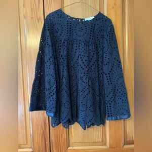 Anthropologie Eri + Ali Navy Eyelet Lace Blouse with Bell Sleeves Size: L